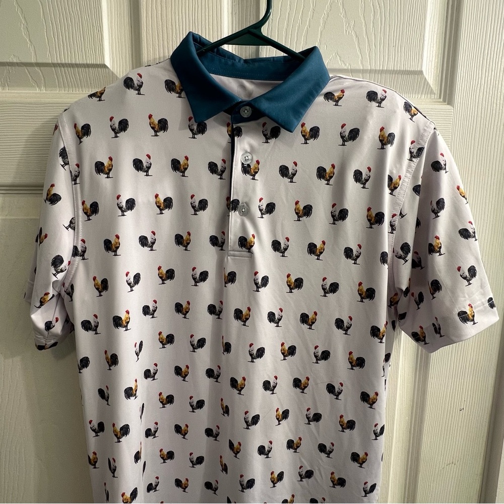 Waggle A Little Cocky Men's Rooster Print Polo Shirt White w/ Cocks Size Medium